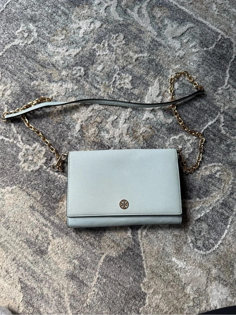Tory Burch Light Blue Leather Crossbody with Gold Chain